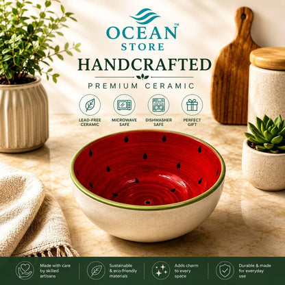OCEAN STORE Handcrafted Watermelon Ceramic Fruit Bowl, 220ml | Premium Lead-Free Microwave & Dishwasher Safe, Dessert & Ice Cream Serving Bowl (Set of 1)