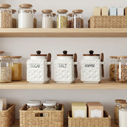 OCEAN STORE Ceramic Dotted Jar Set of 3 with Wooden Lids & Spoons - Airtight Kitchen Storage Canisters for (Sugar + Salt + Coffee)
