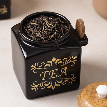 OCEAN STORE Ceramic Tea & Sugar Storage Jar Set with Wooden Lid & Spoon Holder, Black & Gold Kitchen Canister Set, Pack of 2