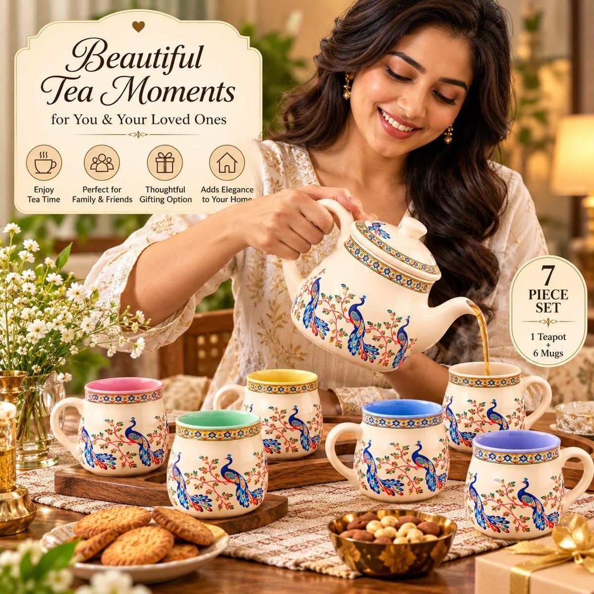 Ocean Store Ceramic Tea Set of 7, Peacock Design, 720 ml Teapot with Lid and 6 Cups of 150 ml Each, Multicolour, for Serving and Gifting