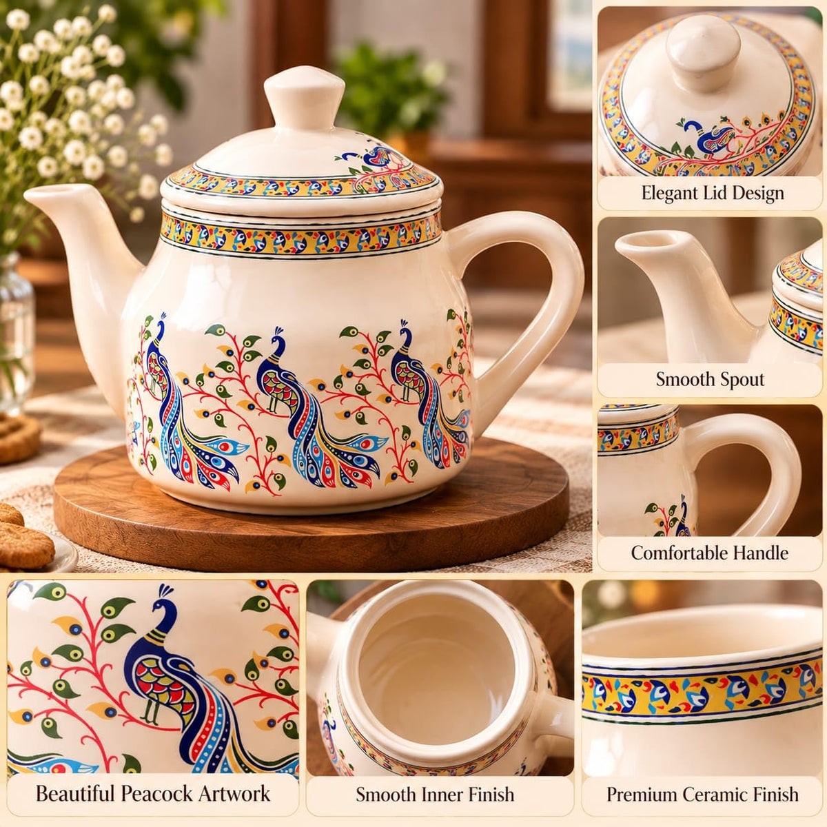 Ocean Store Ceramic Tea Set of 7, Peacock Design, 720 ml Teapot with Lid and 6 Cups of 150 ml Each, Multicolour, for Serving and Gifting