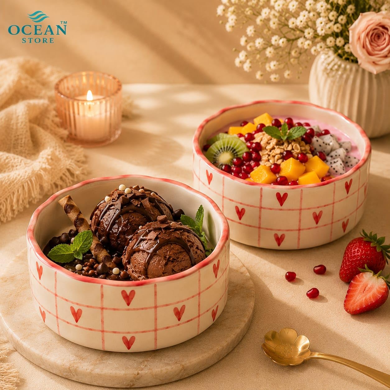 OCEAN STORE Ceramic Bowl with Red Heart Grid Pattern 250ml | Wavy Rim Cute Serving Bowl for Breakfast, Cereal, Salad, Fruits | Microwave & Oven Safe (Set of 2)