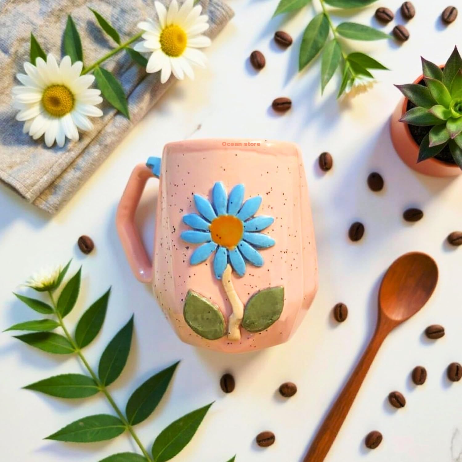 OCEAN STORE Ceramic Hexagonal Flower 240ml Coffee Mug – 3D Floral Design, Aesthetic Hand-Painted Tea Cup for Home & Office, Unique Gift for Women & Girls (Light Green)