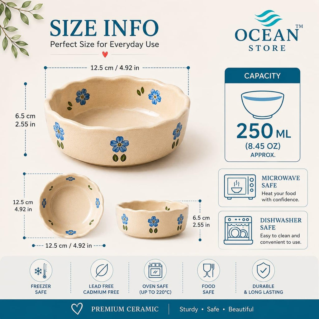 OCEAN STORE Ceramic Hand-Painted Floral Serving Bowl, 250ml, Microwave and Dishwasher Safe, Lead-Free, for Salad, Snack, and Dessert (Botanical Stem, Set of 1)