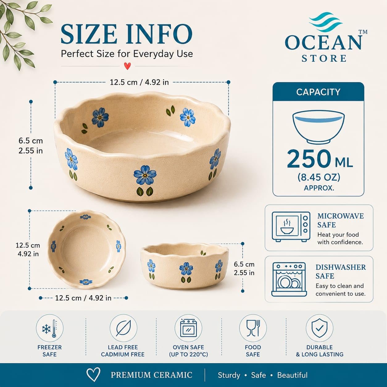 OCEAN STORE Ceramic Hand-Painted Floral Serving Bowl, 250ml, Microwave and Dishwasher Safe, Lead-Free, for Salad, Snack, and Dessert (Botanical Stem, Set of 1)