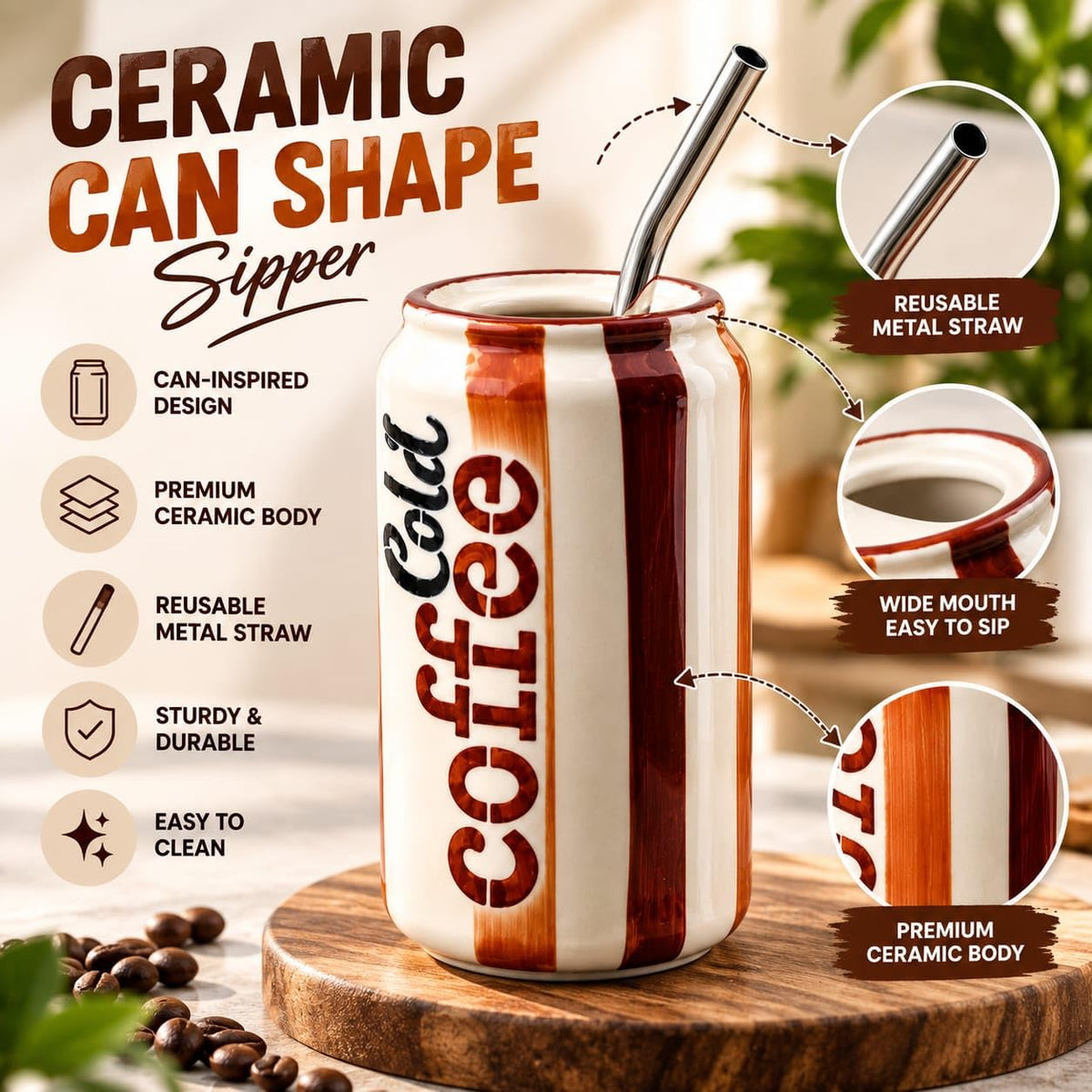 OCEAN STORE Ceramic Can Shaped Sipper with Reusable Metal Straw, 350 ml, Cold Coffee Print, Striped Tumbler for Iced Drinks, Cream and Brown