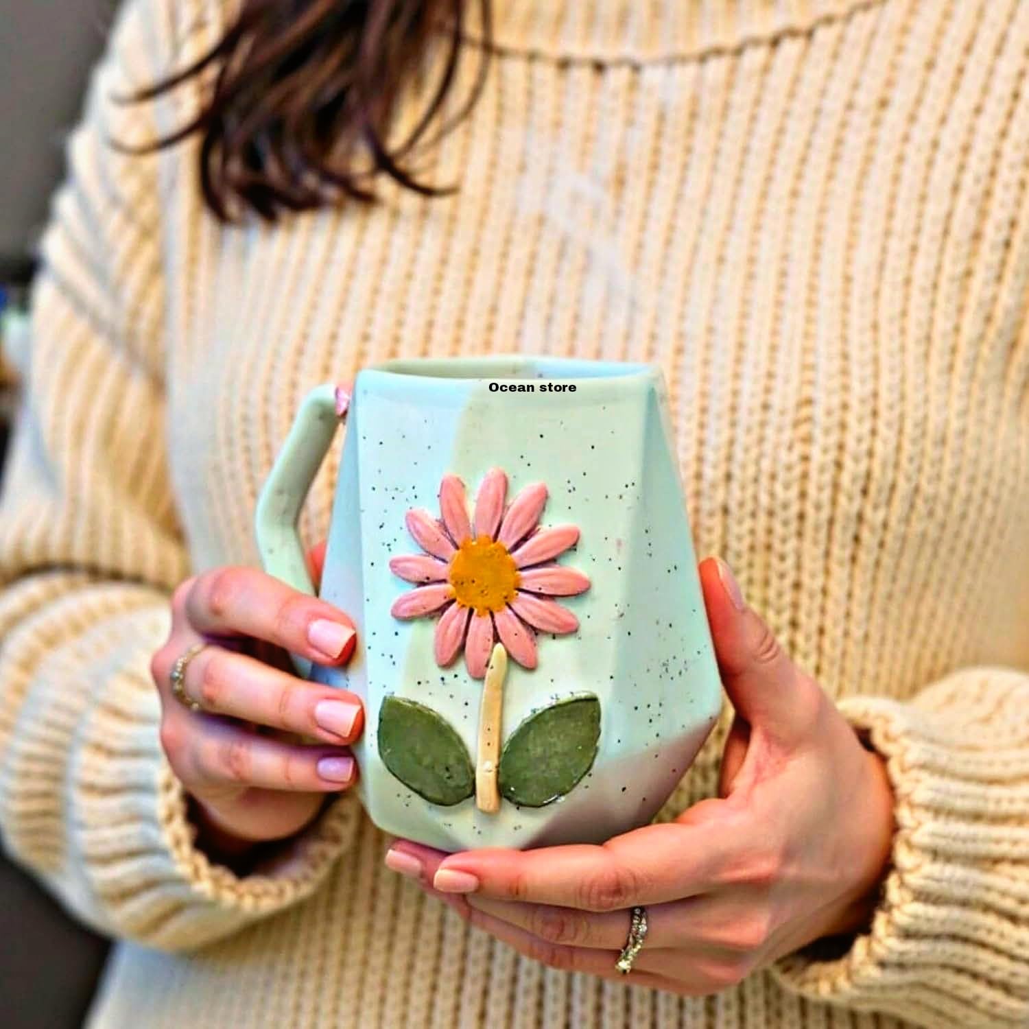OCEAN STORE Ceramic Hexagonal Flower 240ml Coffee Mug – 3D Floral Design, Aesthetic Hand-Painted Tea Cup for Home & Office, Unique Gift for Women & Girls (Light Green)