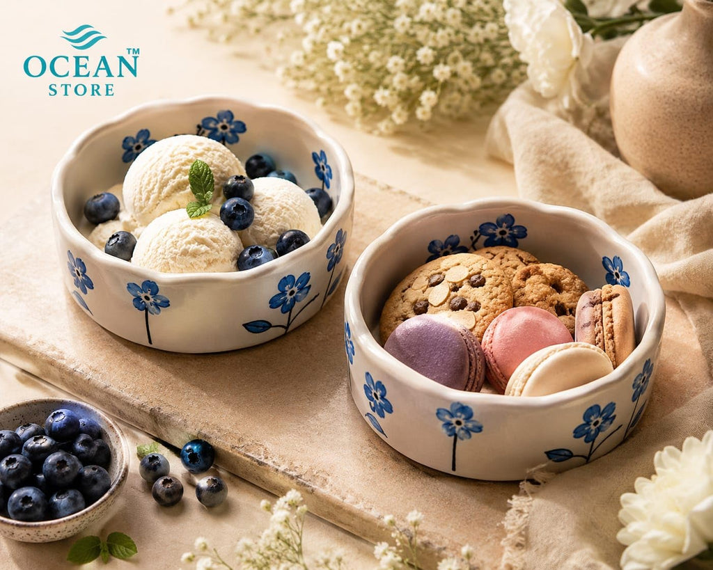 OCEAN STORE Ceramic Hand-Painted Floral Serving Bowl, 250ml, Microwave and Dishwasher Safe, Lead-Free, for Salad, Snack, and Dessert (Botanical Stem, Set of 1)