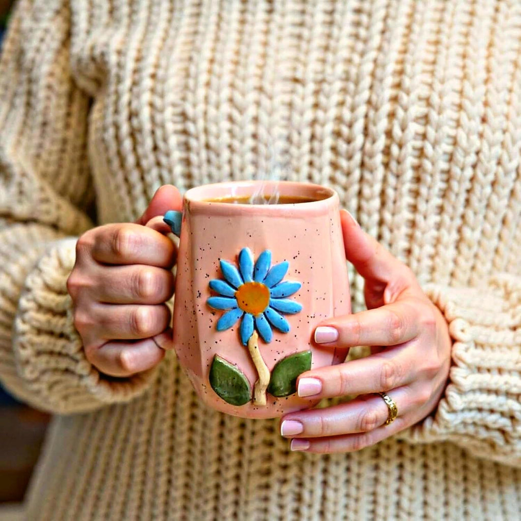 OCEAN STORE Ceramic Hexagonal Flower 240ml Coffee Mug – 3D Floral Design, Aesthetic Hand-Painted Tea Cup for Home & Office, Unique Gift for Women & Girls (Light Green)