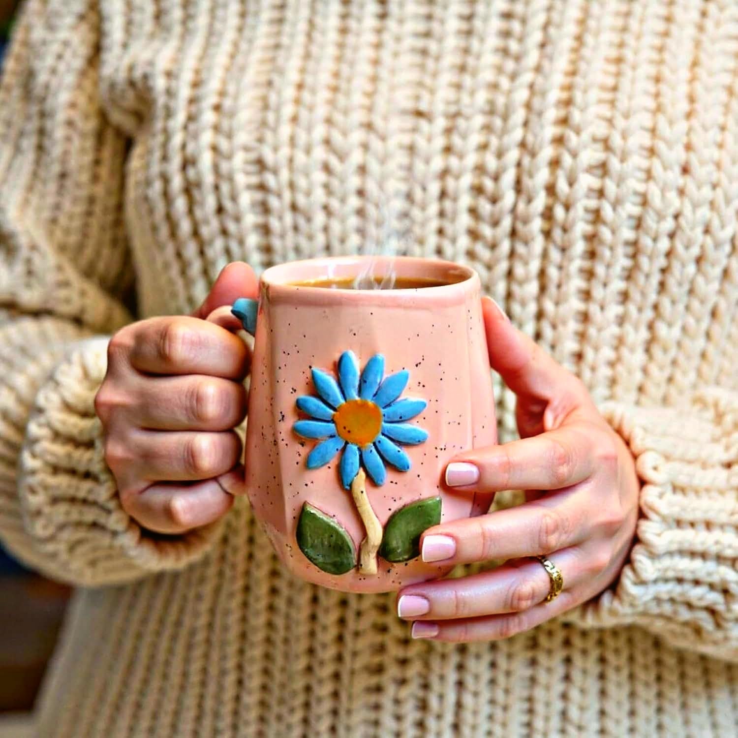 OCEAN STORE Ceramic Hexagonal Flower 240ml Coffee Mug – 3D Floral Design, Aesthetic Hand-Painted Tea Cup for Home & Office, Unique Gift for Women & Girls (Light Green)