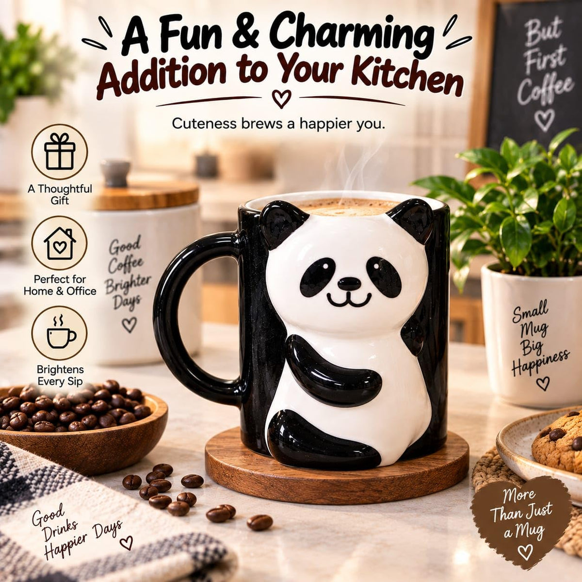 OCEAN STORE Panda Ceramic Coffee Mug, Black and White 3D Animal Design with Handle, Cup for Tea, Coffee and Hot Chocolate, 1 Piece