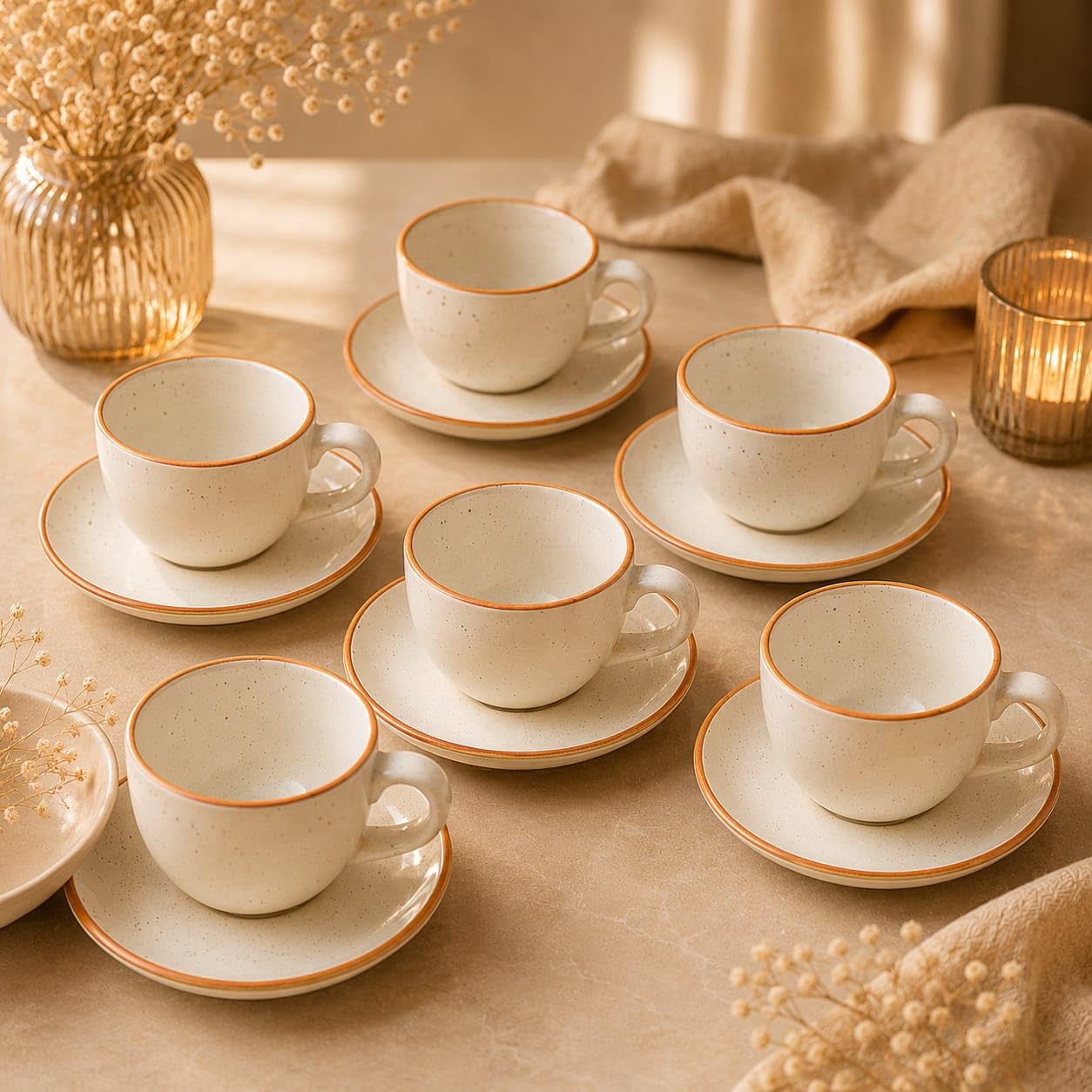 OCEAN STORE Ceramic Natural White Dotted Tea Cup and Saucer | 75 ML Capacity | Durable Stoneware for Espresso, Tea, and Herbal Infusions | Microwave & Dishwasher Safe, Antique Style (2)