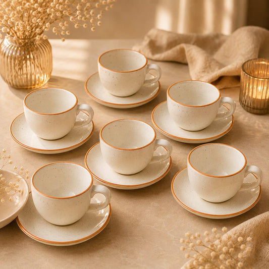OCEAN STORE Ceramic Natural White Dotted Tea Cup and Saucer | 75 ML Capacity | Durable Stoneware for Espresso, Tea, and Herbal Infusions | Microwave & Dishwasher Safe, Antique Style (2)