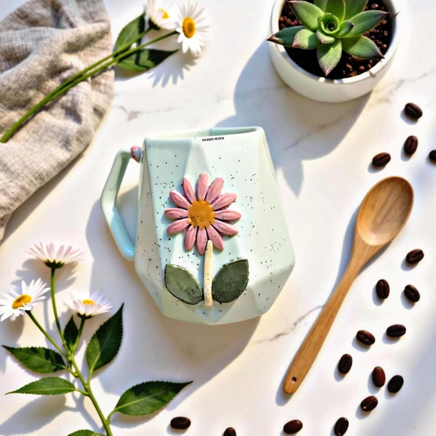 OCEAN STORE Ceramic Hexagonal Flower 240ml Coffee Mug – 3D Floral Design, Aesthetic Hand-Painted Tea Cup for Home & Office, Unique Gift for Women & Girls (Light Green)