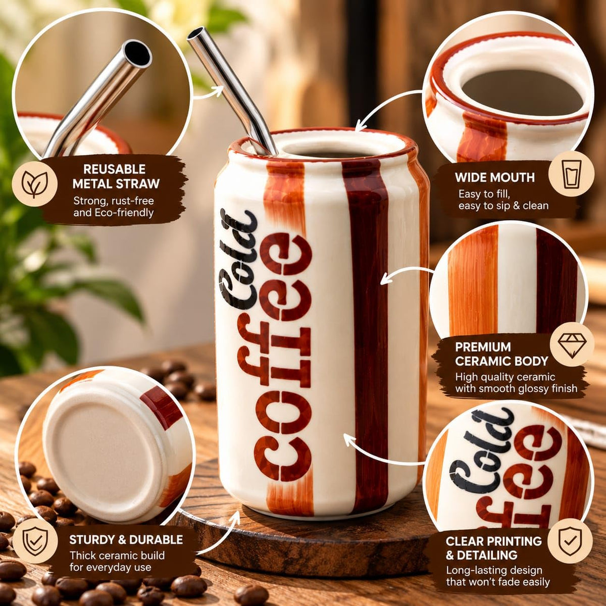 OCEAN STORE Ceramic Can Shaped Sipper with Reusable Metal Straw, 350 ml, Cold Coffee Print, Striped Tumbler for Iced Drinks, Cream and Brown