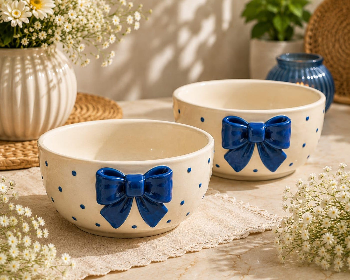 OCEAN STORE Cute Ceramic Bowl with Bow Accent, 250ml Hand-Painted Polka Dot Multipurpose Serving Bowl for Ice Cream, Soup, Snacks, and Noodles (Pink Bow, Set of 1)