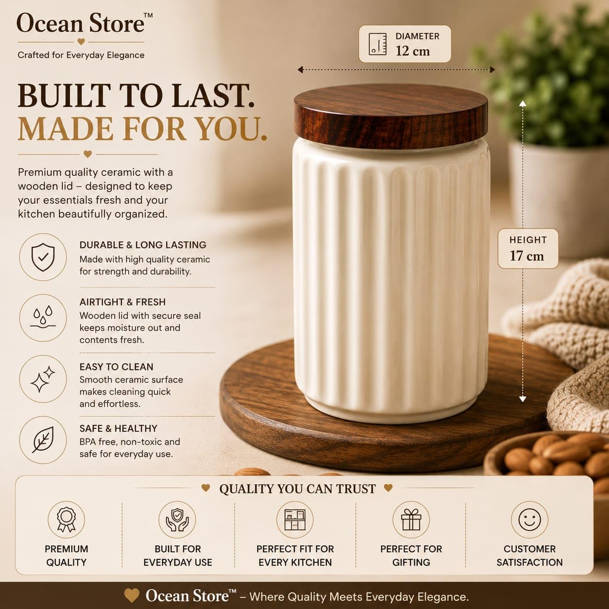 OCEAN STORE Airtight Ceramic Jar with Wooden Lid, 900ml, Cream, Square, Kitchen Container for Sugar, Tea, Salt, Pickles (White)