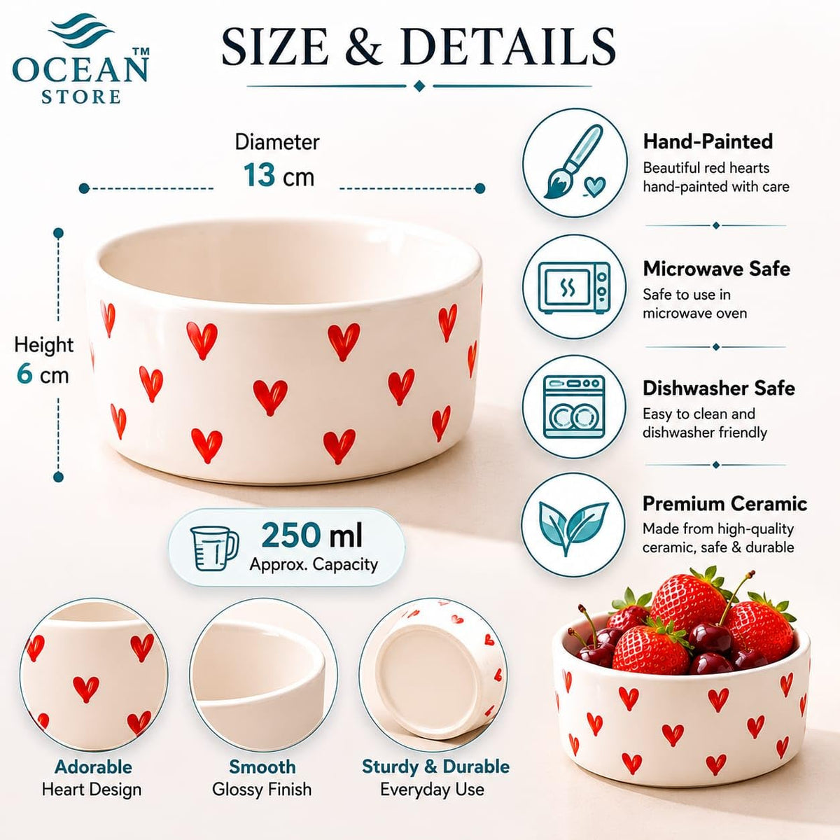 OCEAN STORE Ceramic Bowl with Hand-Painted Red Hearts, 250ml, Microwave & Dishwasher Safe, for Snacks, Fruits, Desserts (Set of 1)