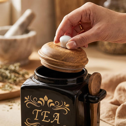 OCEAN STORE Ceramic Tea & Sugar Storage Jar Set with Wooden Lid & Spoon Holder, Black & Gold Kitchen Canister Set, Pack of 2