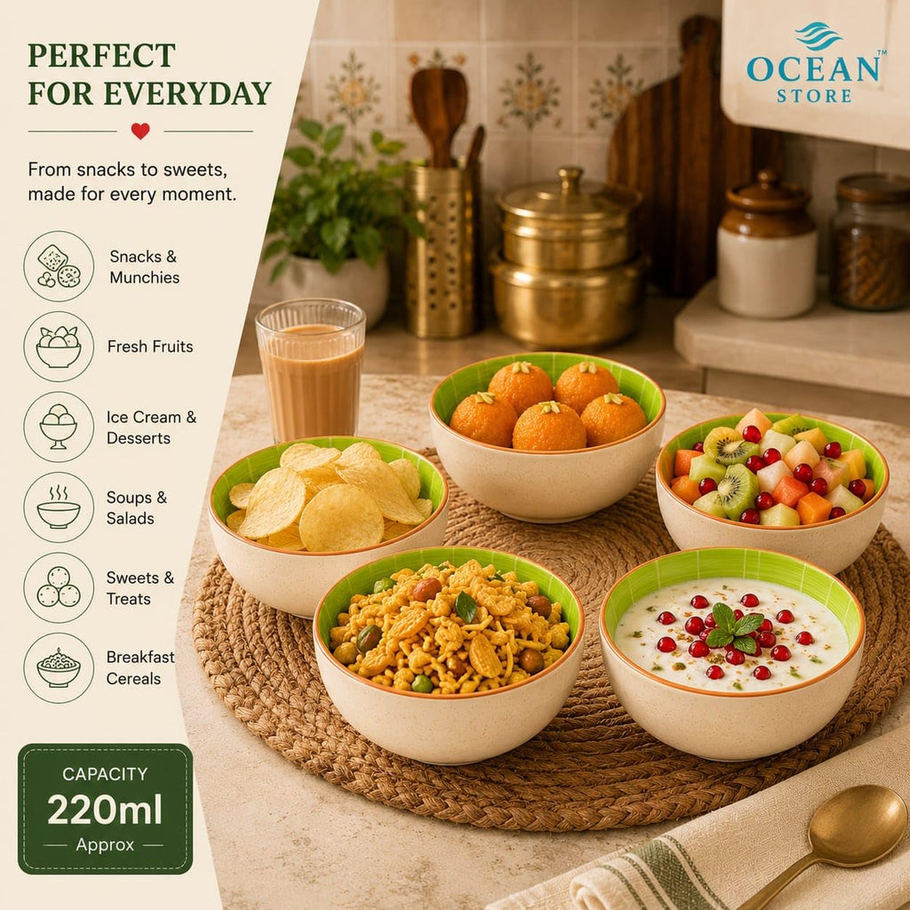 OCEAN STORE Handcrafted Kiwi Ceramic Serving Bowl, 220ml, Microwave and Dishwasher Safe, Lead-Free, for Snacks, Fruits, Ice Cream, and Salad (Set of 1)
