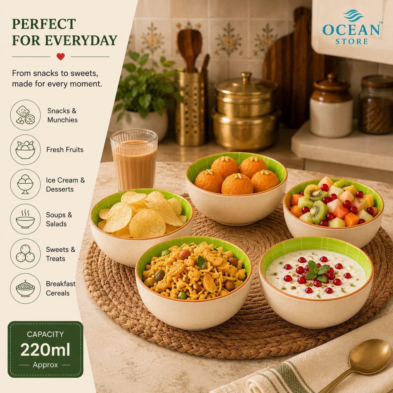 OCEAN STORE Handcrafted Kiwi Ceramic Serving Bowl, 220ml, Microwave and Dishwasher Safe, Lead-Free, for Snacks, Fruits, Ice Cream, and Salad (Set of 1)