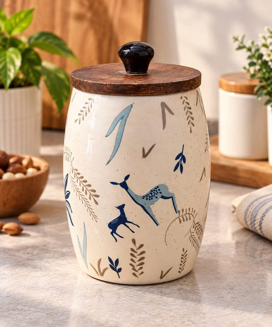 OCEAN STORE Ceramic Storage Jar with Wooden Lid, Deer and Nature Design, Kitchen Container for Tea, Coffee, Sugar and Spices, 1 Piece