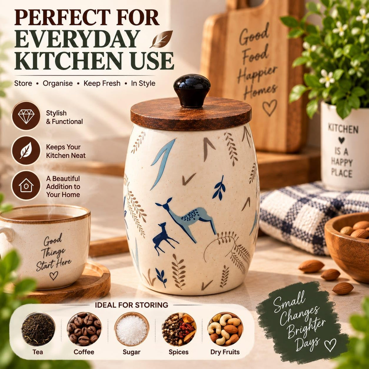 OCEAN STORE Ceramic Storage Jar with Wooden Lid, Deer and Nature Design, Kitchen Container for Tea, Coffee, Sugar and Spices, 1 Piece
