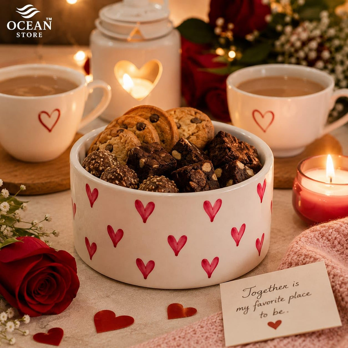 OCEAN STORE Ceramic Bowl with Hand-Painted Red Hearts, 250ml, Microwave & Dishwasher Safe, for Snacks, Fruits, Desserts (Set of 1)