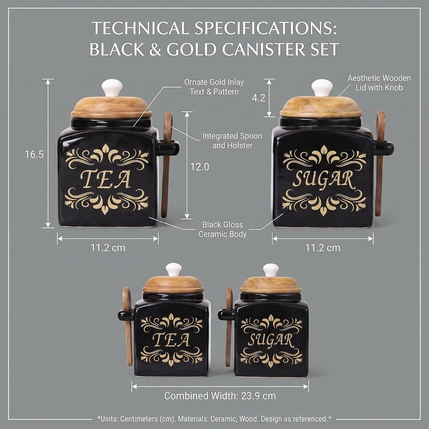 OCEAN STORE Ceramic Tea & Sugar Storage Jar Set with Wooden Lid & Spoon Holder, Black & Gold Kitchen Canister Set, Pack of 2