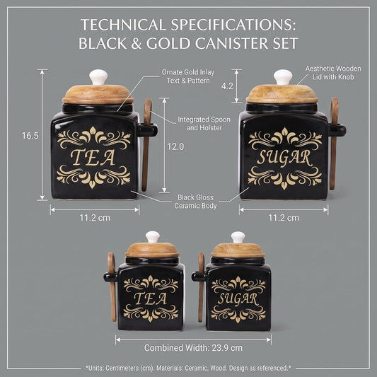 OCEAN STORE Ceramic Tea & Sugar Storage Jar Set with Wooden Lid & Spoon Holder, Black & Gold Kitchen Canister Set, Pack of 2