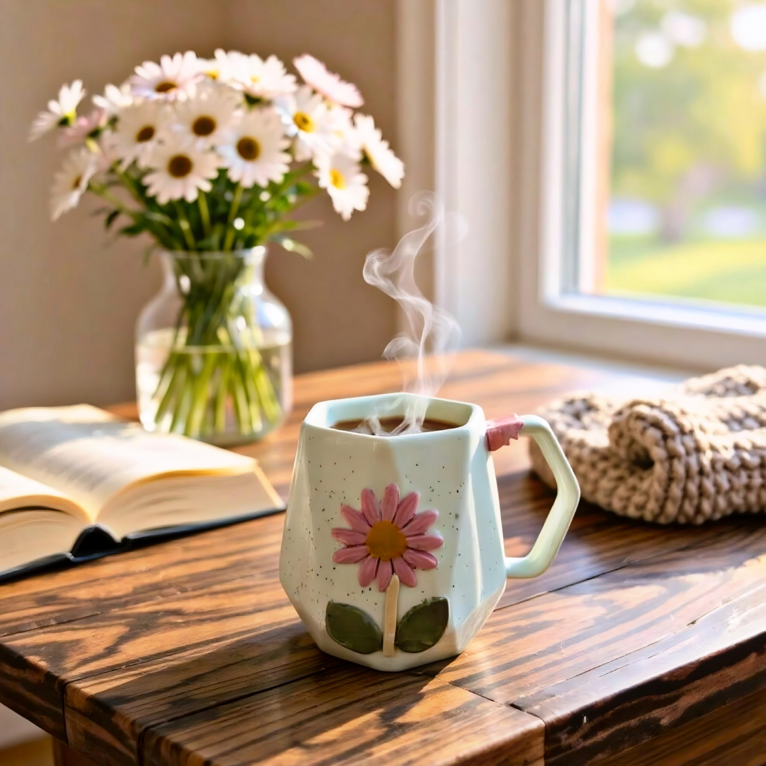 OCEAN STORE Ceramic Hexagonal Flower 240ml Coffee Mug – 3D Floral Design, Aesthetic Hand-Painted Tea Cup for Home & Office, Unique Gift for Women & Girls (Light Green)
