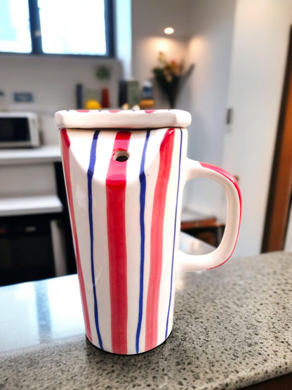 OCEAN STORE Hand-Painted Ceramic Tumbler Mug with Spill-Proof Lid & Stainless Steel Straw (450ml) – Reusable Coffee & Tea Travel Cup – Red & Blue Striped Artisan Drinkware (Pack of 1) (Pack of 1)