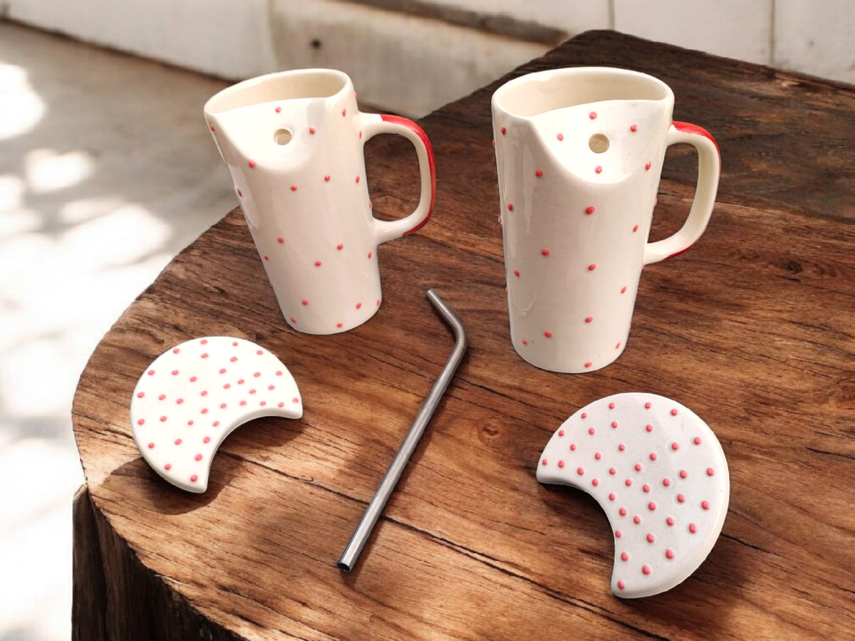 OCEAN STORE Ceramic Tumbler Coffee Mug with Lid & Stainless Steel Straw, White with Red Polka Dots, for Tea, Coffee & Milk (Pack of 1) (Pack of 1)