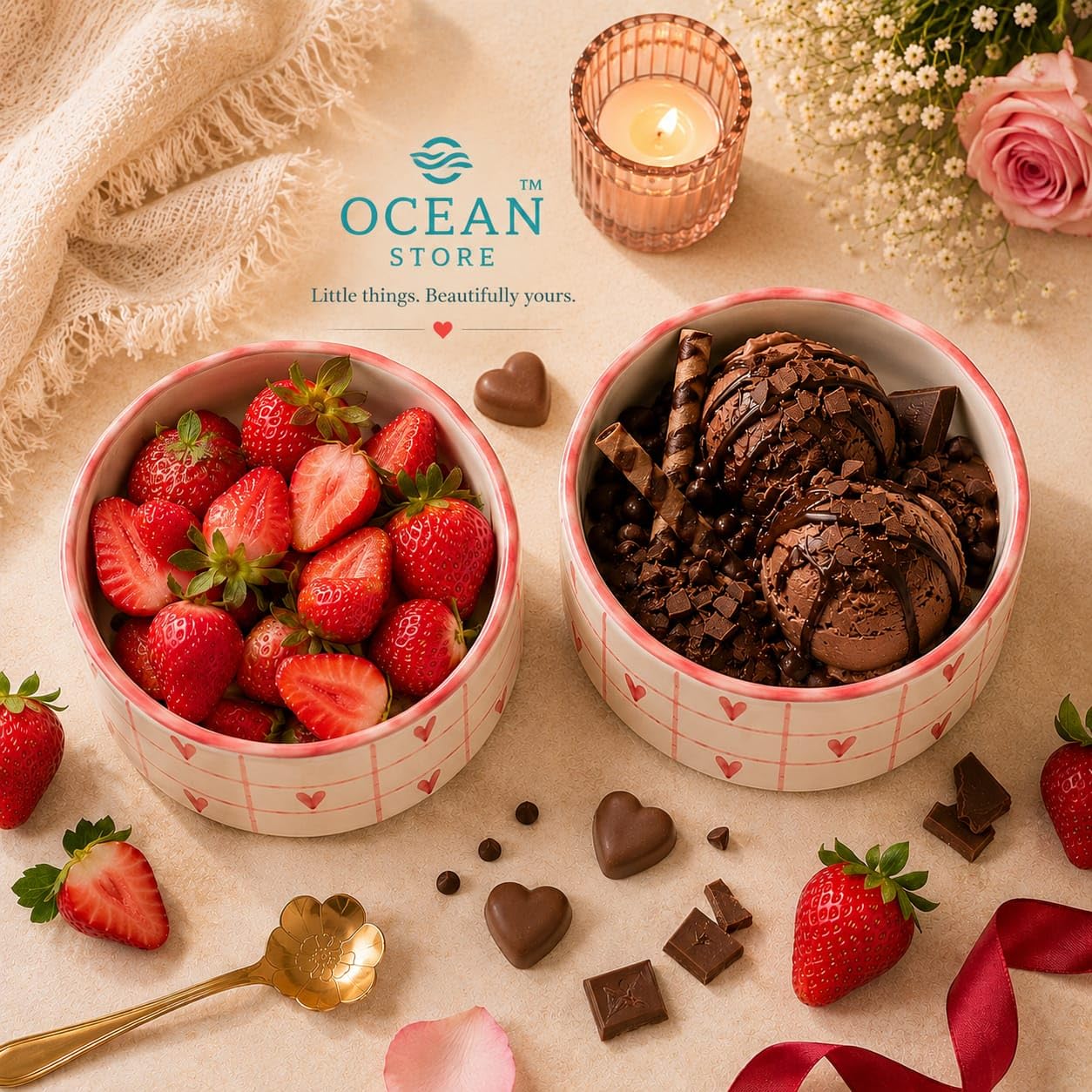OCEAN STORE Ceramic Bowl with Red Heart Grid Pattern 250ml | Wavy Rim Cute Serving Bowl for Breakfast, Cereal, Salad, Fruits | Microwave & Oven Safe (Set of 2)