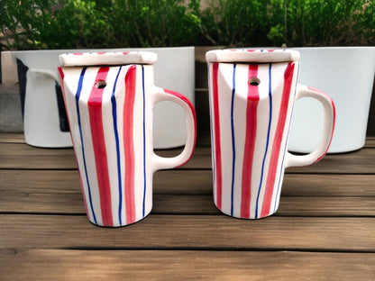 OCEAN STORE Hand-Painted Ceramic Tumbler Mug with Spill-Proof Lid & Stainless Steel Straw (450ml) – Reusable Coffee & Tea Travel Cup – Red & Blue Striped Artisan Drinkware (Pack of 1) (Pack of 1)