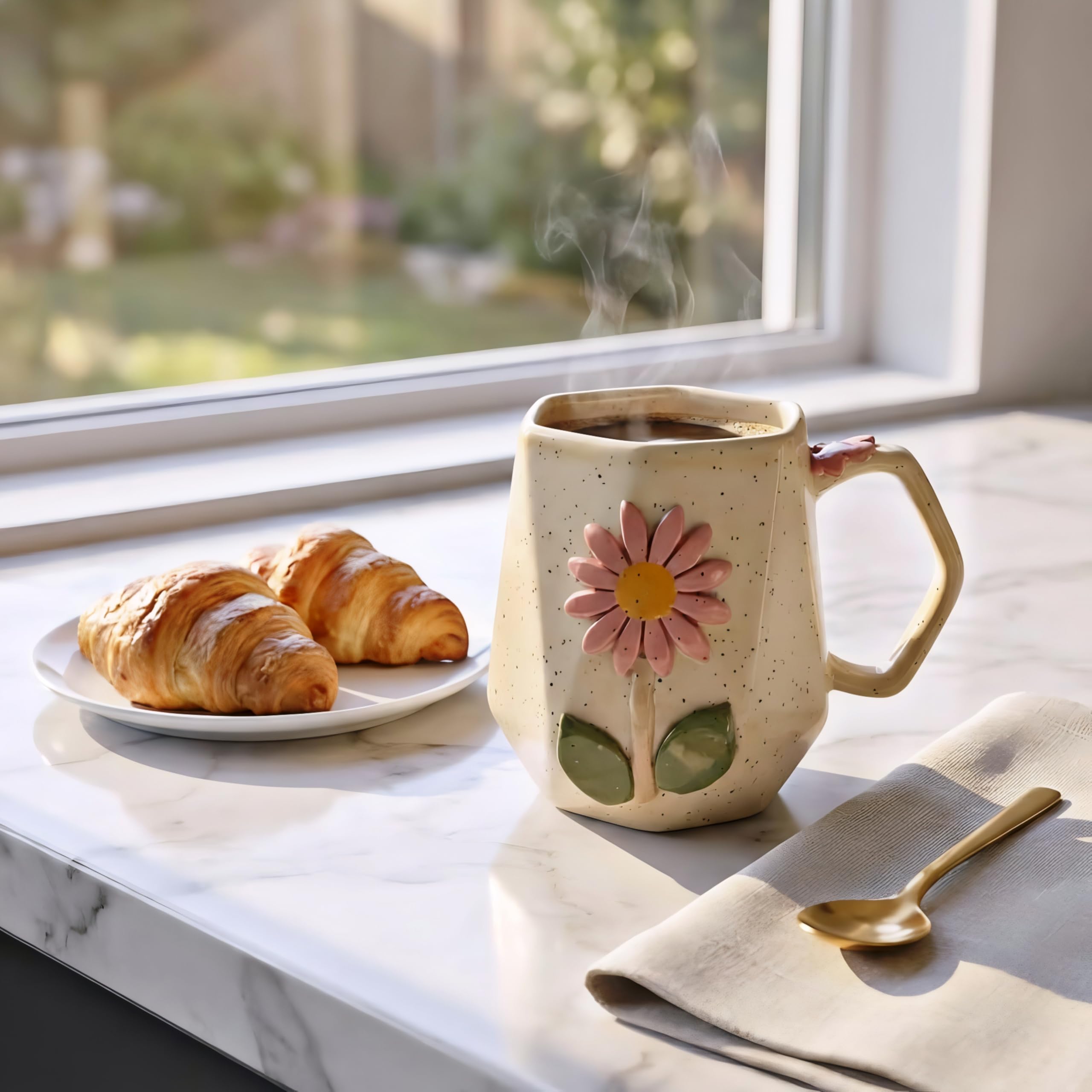 OCEAN STORE Ceramic Hexagonal Flower 240ml Coffee Mug – 3D Floral Design, Aesthetic Hand-Painted Tea Cup for Home & Office, Unique Gift for Women & Girls (Light Green)
