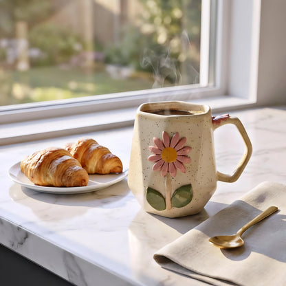 OCEAN STORE Ceramic Hexagonal Flower 240ml Coffee Mug – 3D Floral Design, Aesthetic Hand-Painted Tea Cup for Home & Office, Unique Gift for Women & Girls (Light Green)