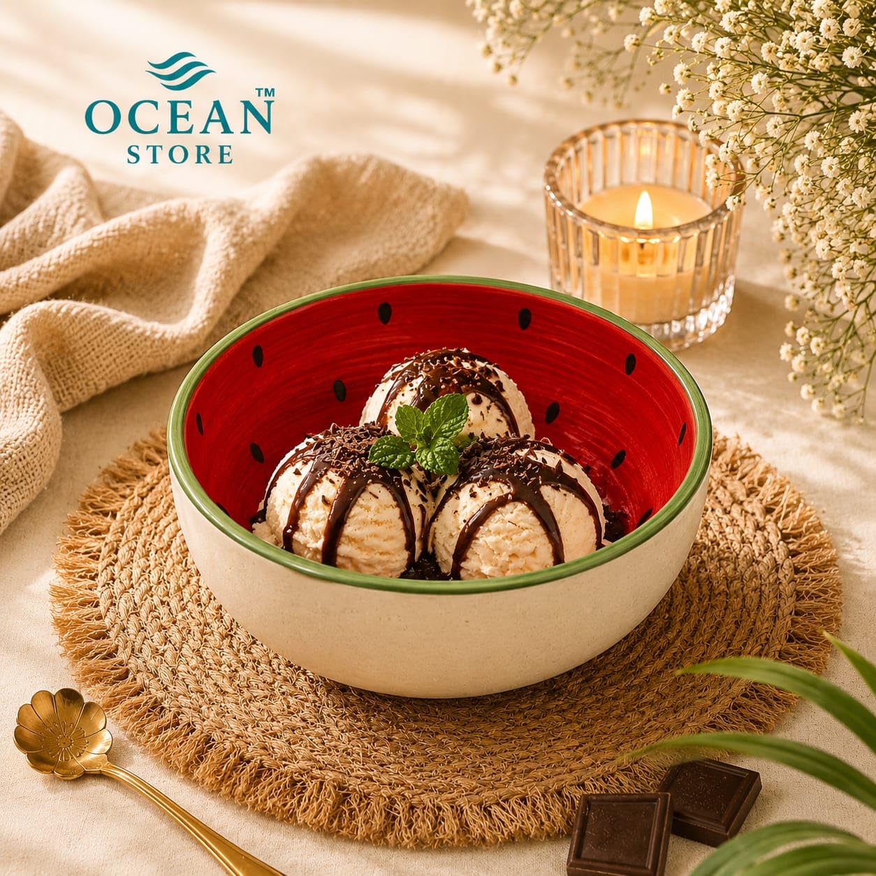 OCEAN STORE Handcrafted Watermelon Ceramic Fruit Bowl, 220ml | Premium Lead-Free Microwave & Dishwasher Safe, Dessert & Ice Cream Serving Bowl (Set of 1)
