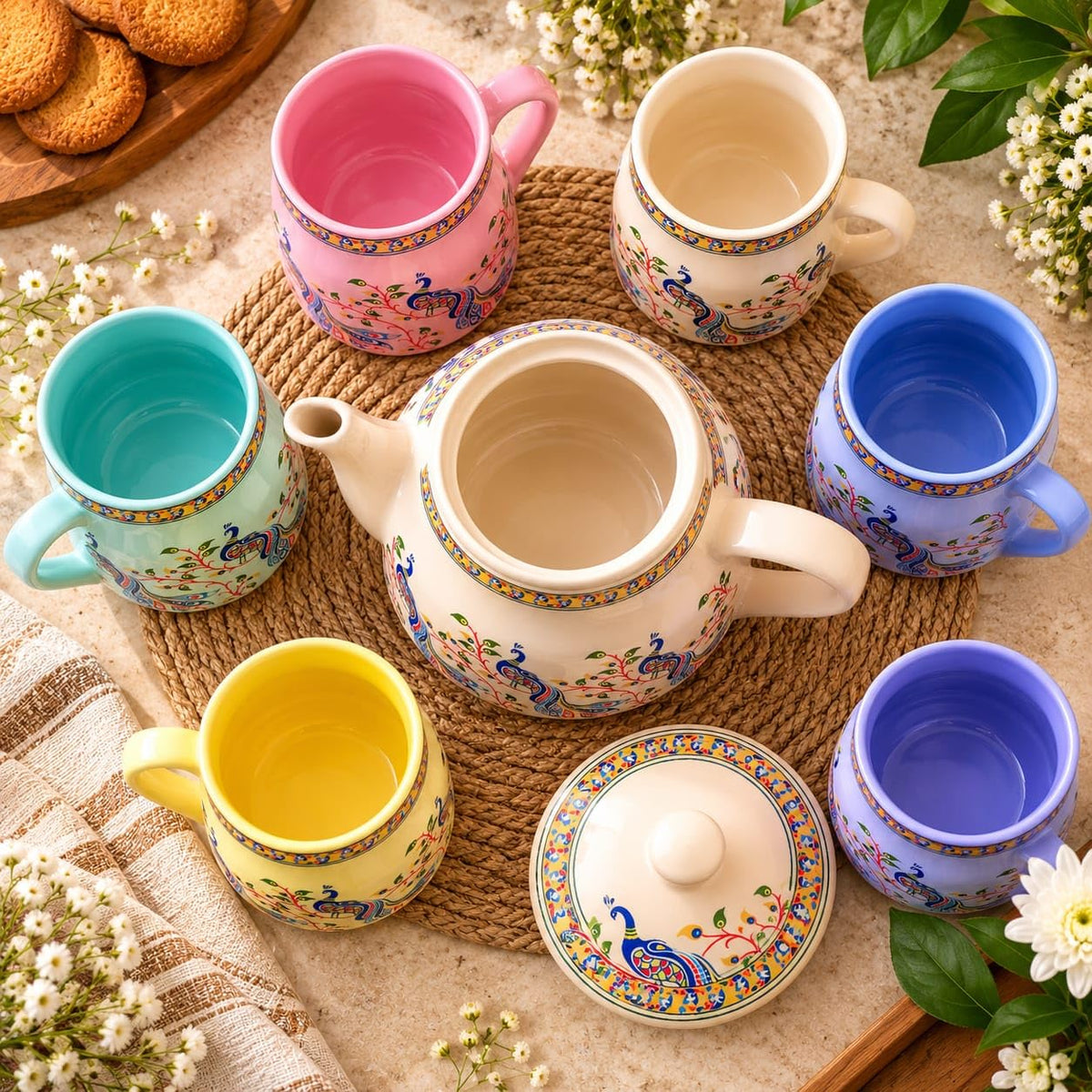 Ocean Store Ceramic Tea Set of 7, Peacock Design, 720 ml Teapot with Lid and 6 Cups of 150 ml Each, Multicolour, for Serving and Gifting