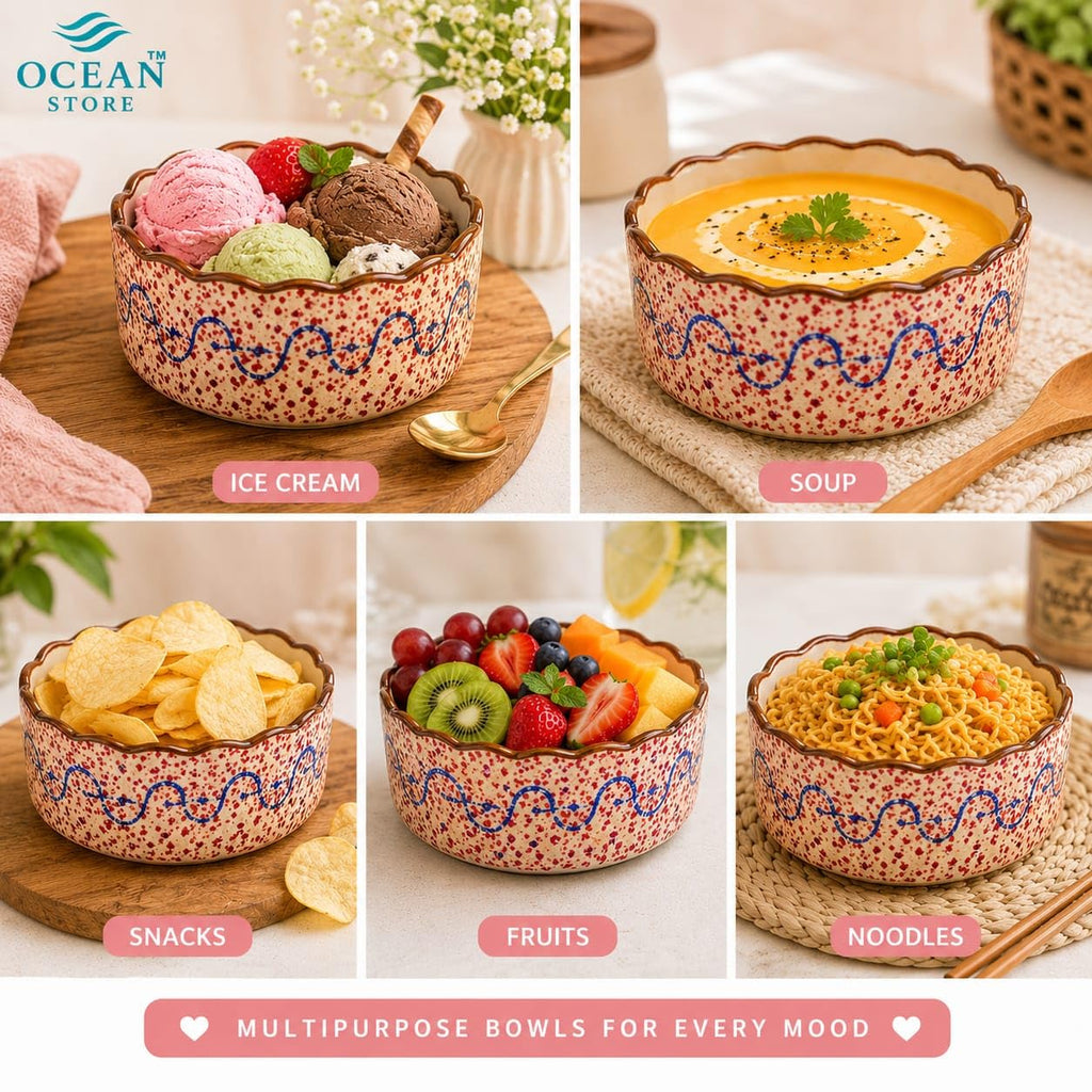 OCEAN STORE Ceramic Multipurpose Bowl 250ml - Hand-Painted Wavy Rim Serving Bowl for Ice Cream, Soup, Snacks, Fruits, Noodles - Microwave & Dishwasher Safe, Food Grade, Chip-Resistant (Single Piece)