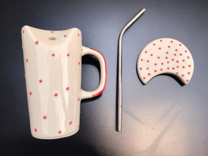 OCEAN STORE Ceramic Tumbler Coffee Mug with Lid & Stainless Steel Straw, White with Red Polka Dots, for Tea, Coffee & Milk (Pack of 1) (Pack of 1)