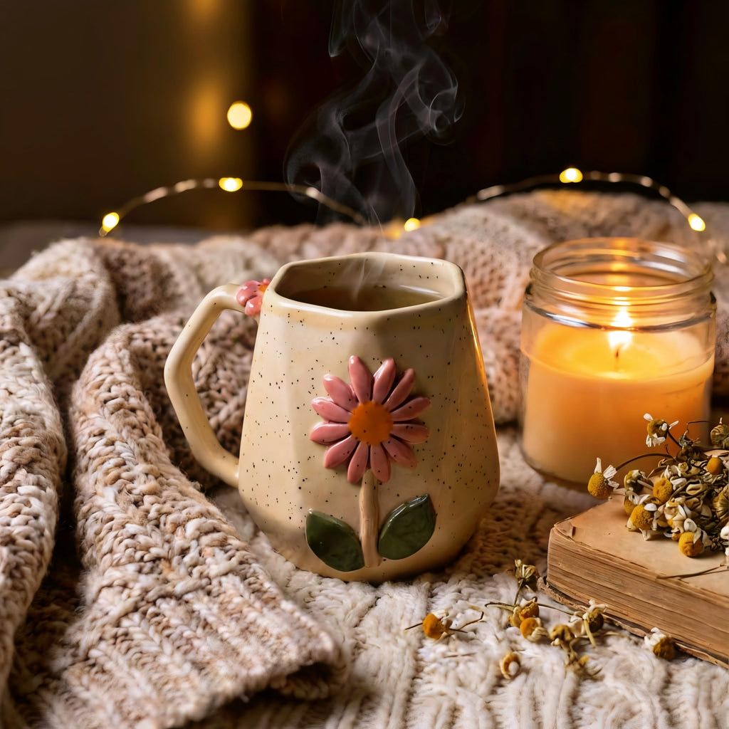 OCEAN STORE Ceramic Hexagonal Flower 240ml Coffee Mug – 3D Floral Design, Aesthetic Hand-Painted Tea Cup for Home & Office, Unique Gift for Women & Girls (Light Green)