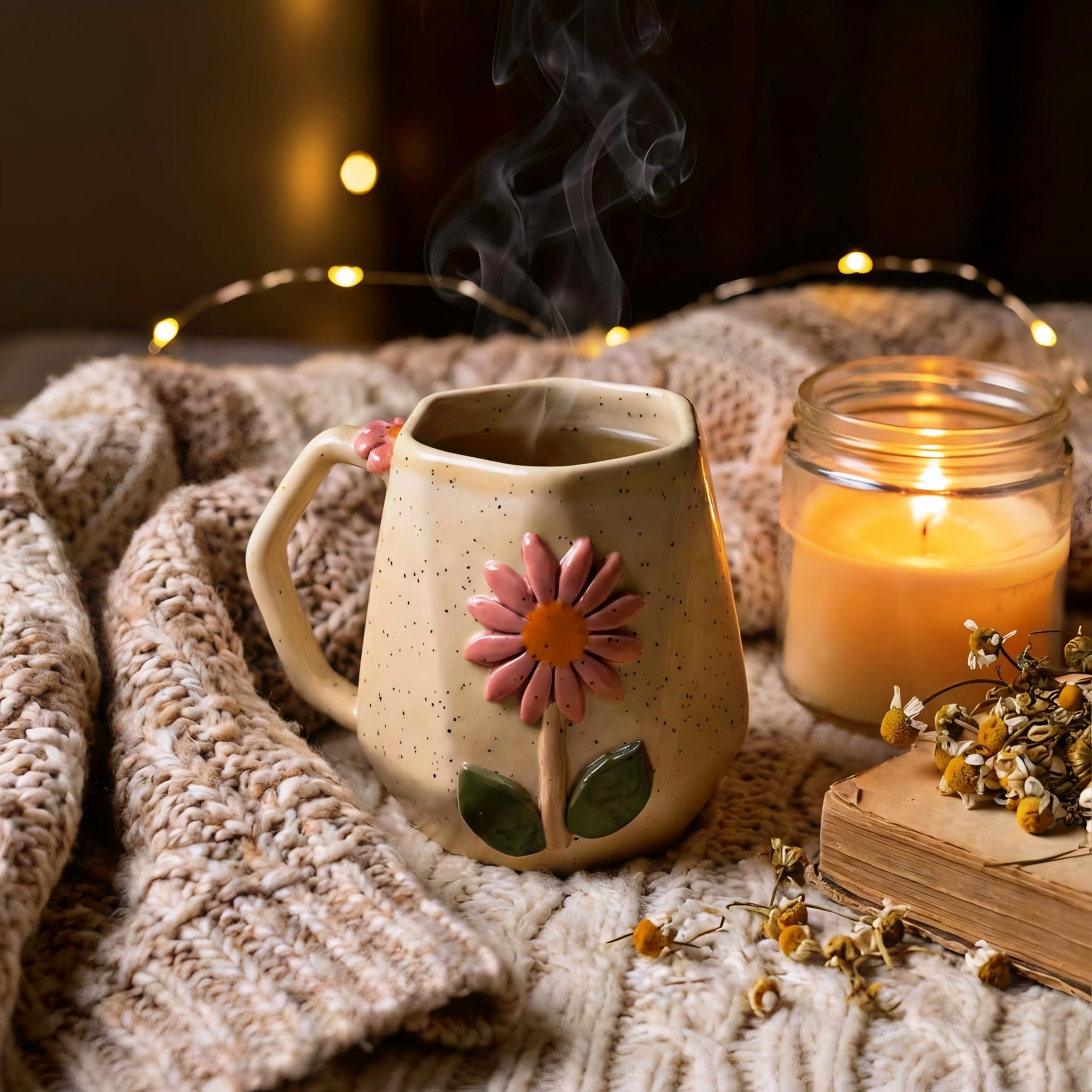 OCEAN STORE Ceramic Hexagonal Flower 240ml Coffee Mug – 3D Floral Design, Aesthetic Hand-Painted Tea Cup for Home & Office, Unique Gift for Women & Girls (Light Green)