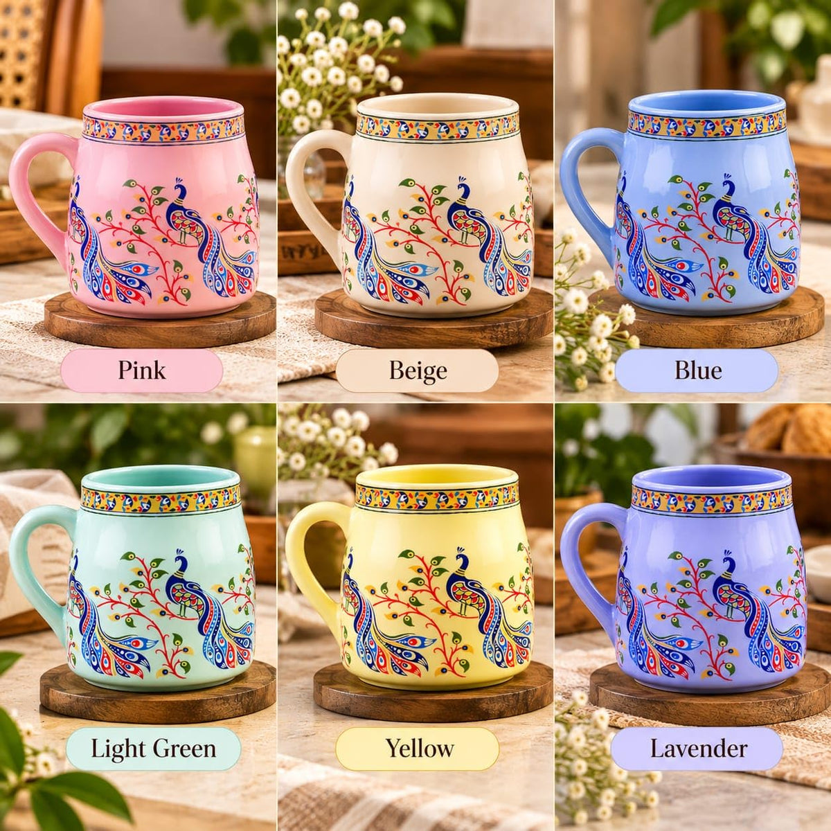 Ocean Store Ceramic Tea Set of 7, Peacock Design, 720 ml Teapot with Lid and 6 Cups of 150 ml Each, Multicolour, for Serving and Gifting