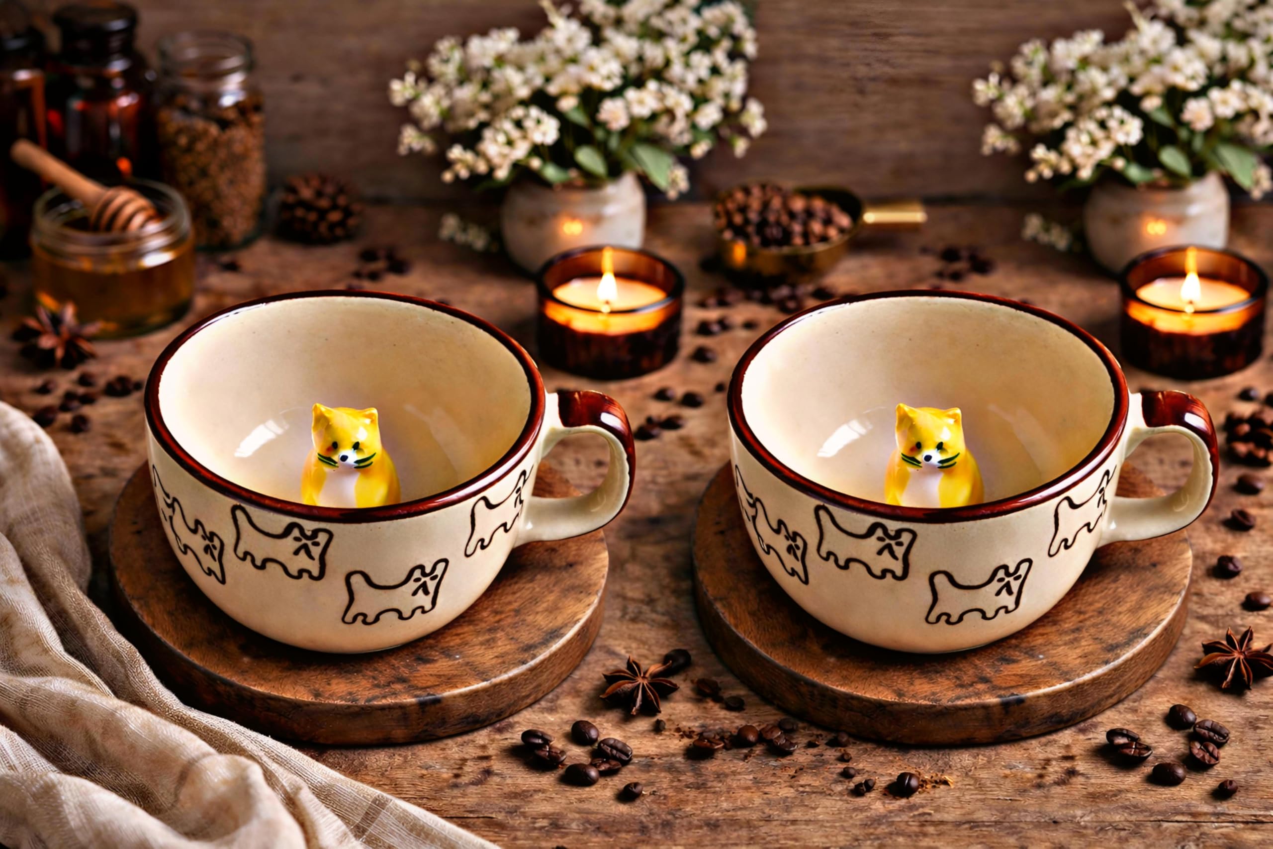 OCEAN STORE Large Cute Cat Surprise Ceramic Coffee Mug/Tea Cup - 3D Hidden Animal Figurine Inside | Microwave & Dishwasher Safe, Lead-Free | Perfect for Gifting (Cream/Brown) (1, 280ml Capacity)