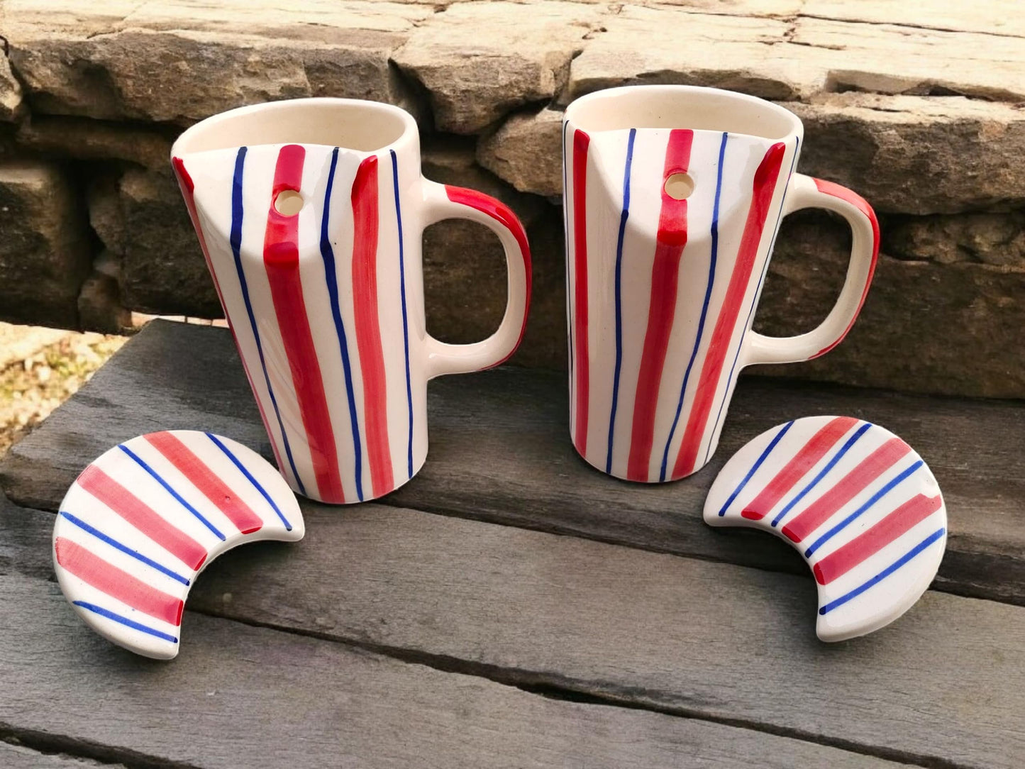 OCEAN STORE Hand-Painted Ceramic Tumbler Mug with Spill-Proof Lid & Stainless Steel Straw (450ml) – Reusable Coffee & Tea Travel Cup – Red & Blue Striped Artisan Drinkware (Pack of 1) (Pack of 1)