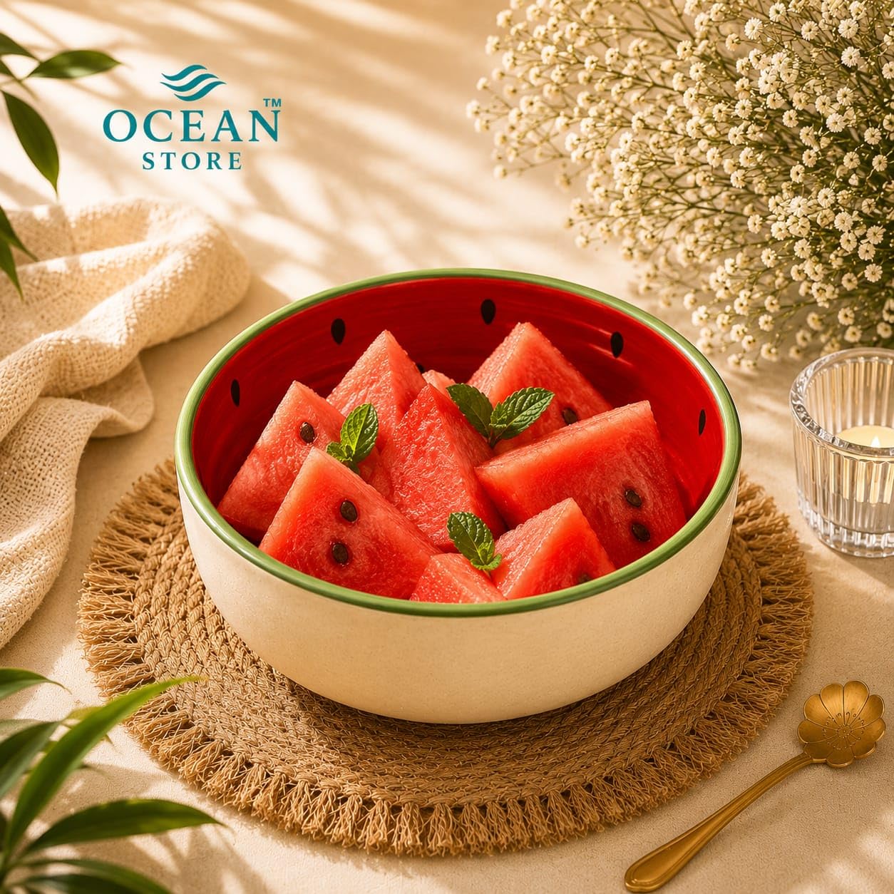 OCEAN STORE Handcrafted Watermelon Ceramic Fruit Bowl, 220ml | Premium Lead-Free Microwave & Dishwasher Safe, Dessert & Ice Cream Serving Bowl (Set of 1)