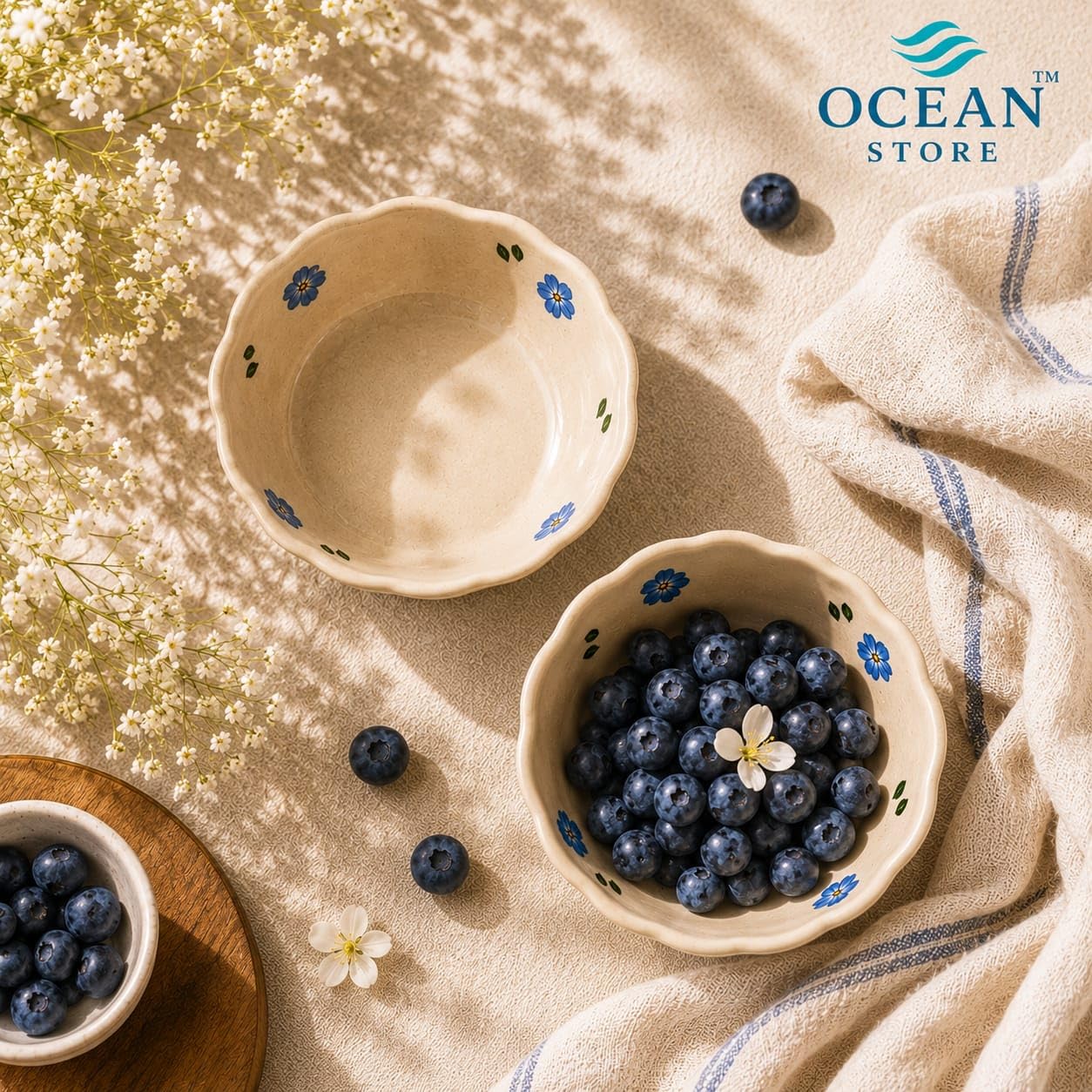 OCEAN STORE Ceramic Hand-Painted Floral Serving Bowl, 250ml, Microwave and Dishwasher Safe, Lead-Free, for Salad, Snack, and Dessert (Botanical Stem, Set of 1)
