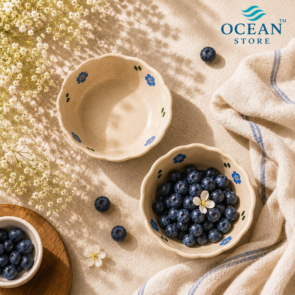 OCEAN STORE Ceramic Hand-Painted Floral Serving Bowl, 250ml, Microwave and Dishwasher Safe, Lead-Free, for Salad, Snack, and Dessert (Botanical Stem, Set of 1)