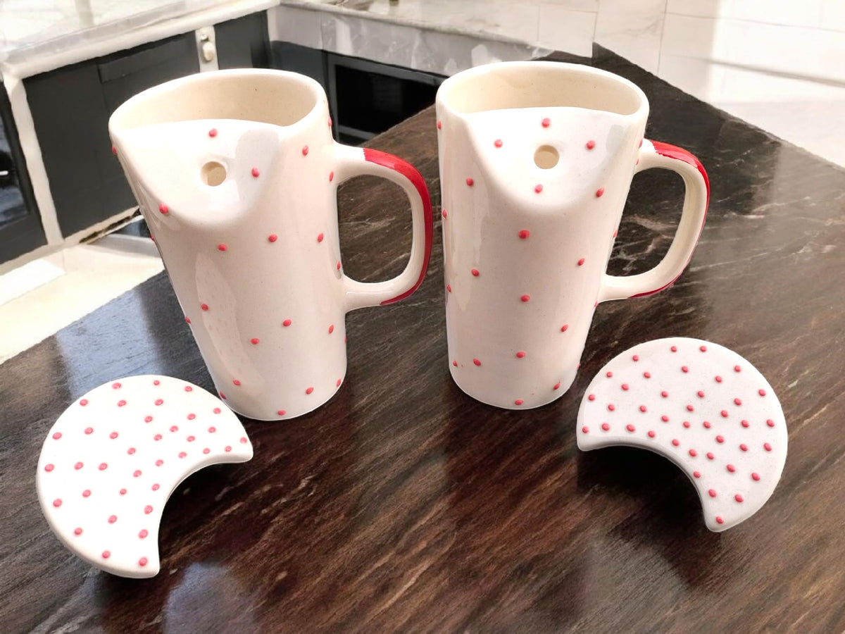 OCEAN STORE Ceramic Tumbler Coffee Mug with Lid & Stainless Steel Straw, White with Red Polka Dots, for Tea, Coffee & Milk (Pack of 1) (Pack of 1)